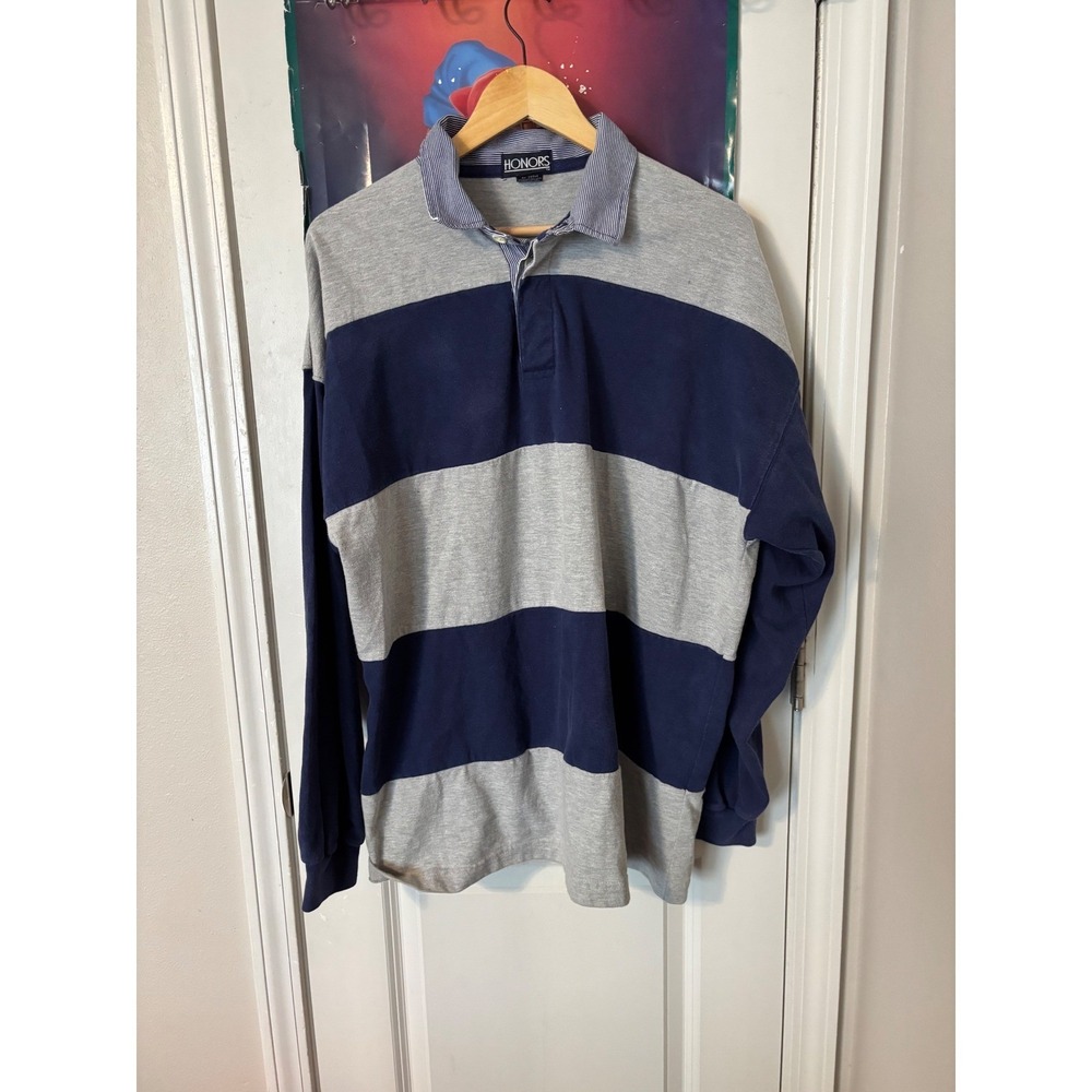 Honors Mens XL Rugby Shirt Long Sleeve Striped Navy Blue Gray Cotton Blend